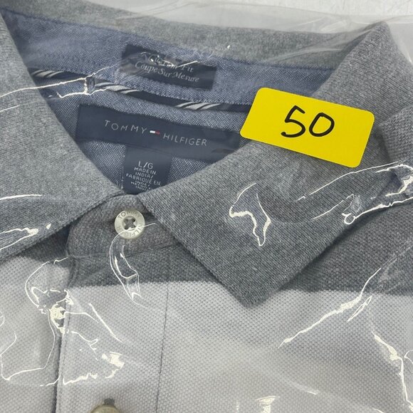 Tommy Hilfiger Men's Large Polo Shirt Custom Fit Preppy Gray Striped Rugby - Picture 8 of 8